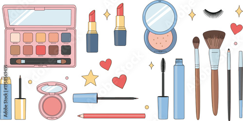Makeup cosmetics collection with lipstick eyeshadow brushes mascara and beauty tools fashion vector illustration set