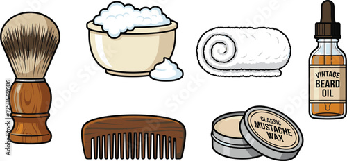 A set of grooming products for men including a shaving brush next to a bowl of shaving cream and beard oil.