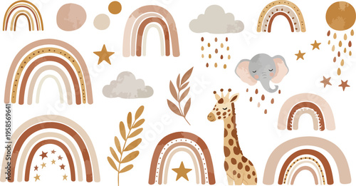 Seamless cartoon pattern of cute animals birds and flowers in a playful vintage nature design