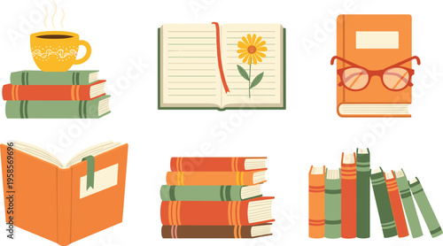 Books and reading elements collection with coffee notebook and stacked novels education vector illustration set