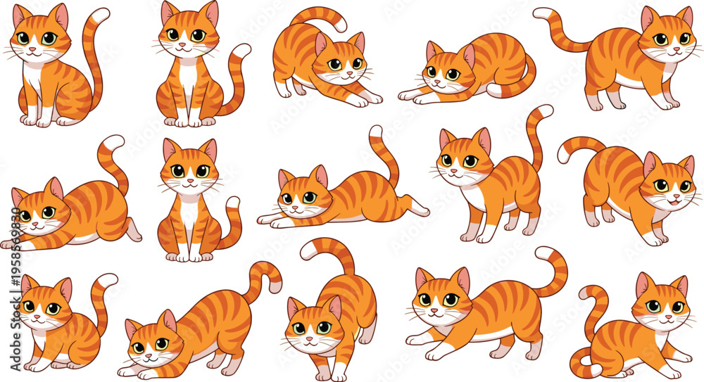 Obraz premium Cute orange tabby cat collection with various poses playful kitten cartoon pet vector illustration set