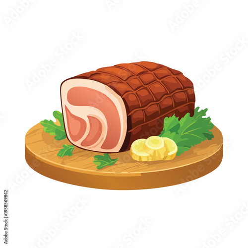Roasted meat on wooden board with parsley and lemon isolated on white