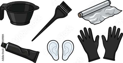 Hair dyeing tools and accessories laid out on a surface