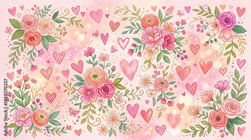 Fototapeta A pink and white floral arrangement with hearts and leaves on a pink background.