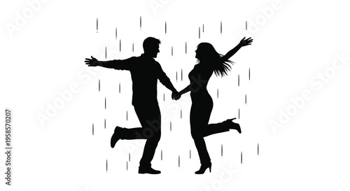 Couple joyfully dancing in the rain a striking black silhouette