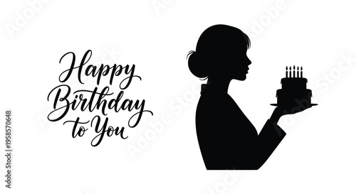 A woman admiring a birthday cake with elegant cursive text silhouette