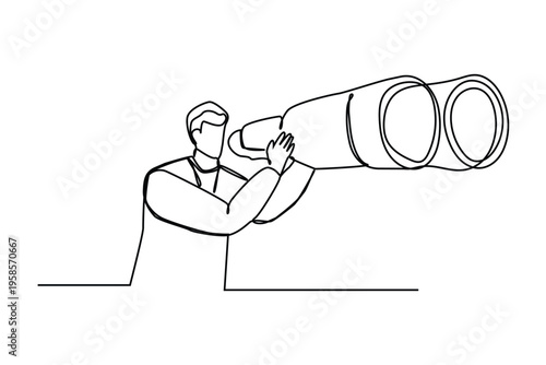 Continuous one line art of  tourist man looking through big binoculars far ahead. Young gentleman is traveling with field glasses
