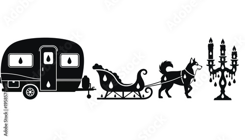 A camper trailer icon with a horse-drawn sleigh and candelabra silhouette