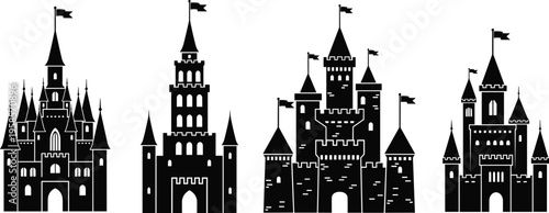 Black silhouette castle illustration with towers, flags, battlements, and arched entrances showcasing medieval architecture, fantasy design, and historical fortress themes perfect fo