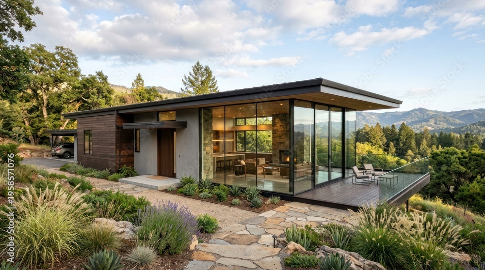 Fototapeta premium A modern, minimalist house with glass walls and a wooden exterior, situated on a hillside with a scenic view of mountains and trees.