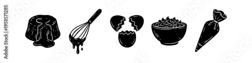 Distinct cake and whisk set in outline style. Cake, Whisk and Egg Monochrome Icon Set. High quality stock illustration with clear subject focus, cohesive composition, and versatile commercial.