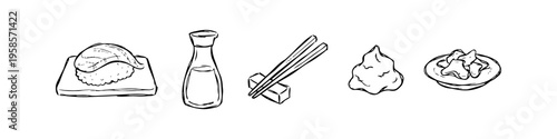Sushi, Plate and Soy Sauce Monochrome Icon Set. High quality stock illustration with clear subject focus, cohesive composition, and versatile commercial applicability across branding, editorial.
