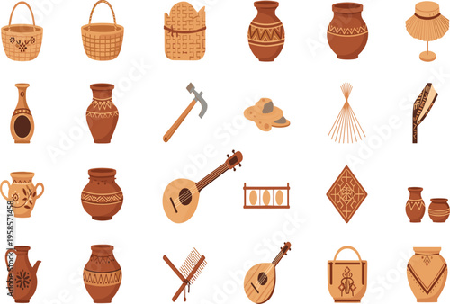 Traditional Cultural Handicrafts Icon Set with Clay Pottery Woven Baskets Musical Instruments and Folk Art Artifacts for Heritage and Museum Designs
