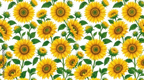 A vibrant sunflower pattern on a white background.