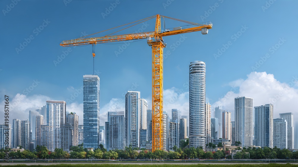 Obraz premium Rear view of confident construction project manager supervising large steel frame development site with safety helmet and detailed architectural blueprint rolls in natural daylight
