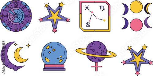 Astrology and Space Icon Set with Zodiac Signs Stars Moons Planets and Horoscope Symbols Isolated on White Background for Mystical and Celestial Design