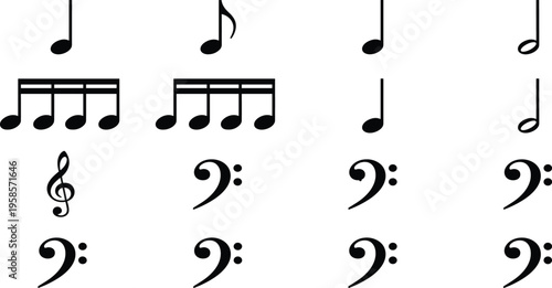 Music notes and symbols icon set, treble clef bass clef notation elements, musical signs collection, sound melody vector illustration
