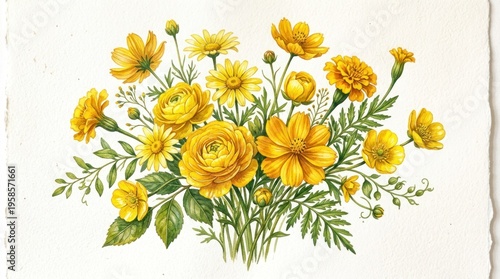 A watercolor painting of a yellow flower arrangement with green leaves and stems on a white background.