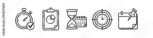 Distinct stopwatch and checkmark set in outline style. Stopwatch, Checkmark and Clipboard Monochrome Icon Set. High quality stock illustration with clear subject focus, cohesive composition.