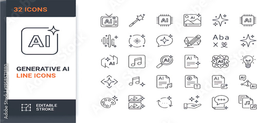 Generative AI icon set. Contain icons related to creative artificial intelligence, text, images, videos, search and data by AI, and more. editable stroke.