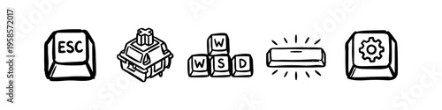 Distinct esc and keycap set in outline style. Esc, Keycap and Key Switch Monochrome Icon Set. High quality stock illustration with clear subject focus, cohesive composition, and versatile commercial.