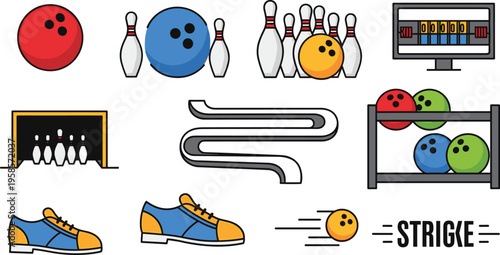 Bowling Sport Icon Set with Balls Pins Shoes Lane and Strike Elements Isolated on White Background for Recreation Game Design and Leisure Activities