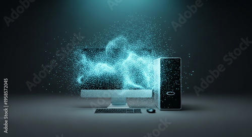 A desktop computer appears to be disintegrating into a cloud of glowing blue particles and data
