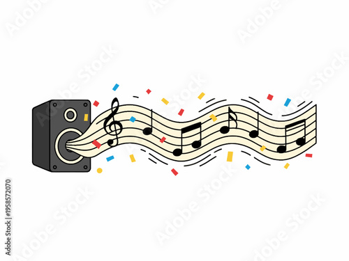 Musical notes on staff coming out of speaker with confetti