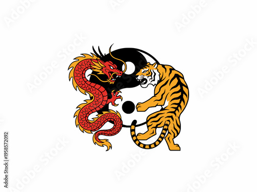 Chinese Dragon and Tiger with Yin Yang Balance Symbol