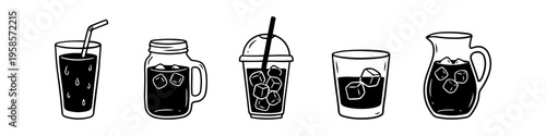 Glass, Straw and Mug Monochrome Icon Set. High quality stock illustration with clear subject focus, cohesive composition, and versatile commercial applicability across branding, editorial, and digital