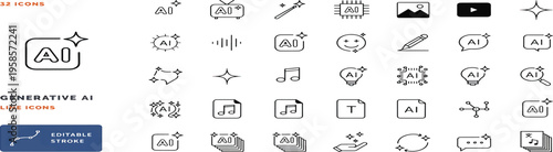 Generative AI icon set. Contain icons related to creative artificial intelligence, text, images, videos, search and data by AI, and more. editable stroke.
