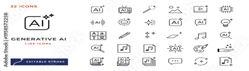 Generative AI icon set. Contain icons related to creative artificial intelligence, text, images, videos, search and data by AI, and more. editable stroke.