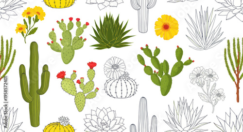 Seamless Pattern with Various Cacti and Desert Plants, Hand-Drawn Style