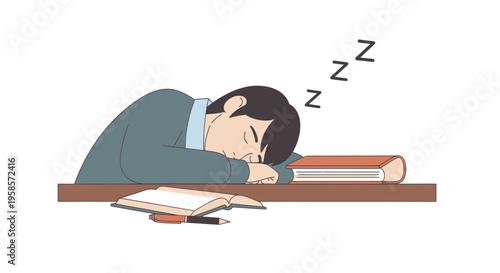 Student sleeping on books at desk, tired of studying, exhaustion, zzz.
