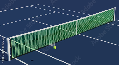 Tennis ball hitting net on blue court, close up action shot