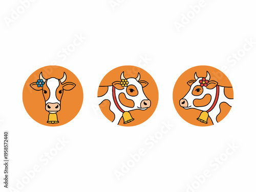 Cow Head Vector Icons with Bell and Flower in Circle Frames