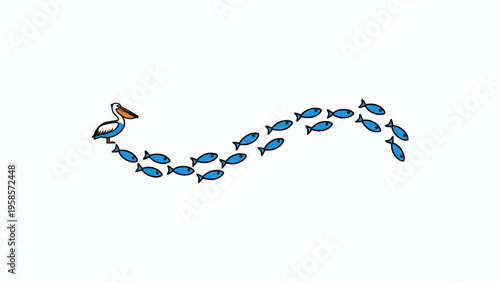Pelican bird standing on school of blue fish cartoon illustration
