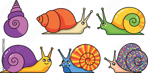 Cute Snail Cartoon Character Set with Colorful Shells and Different Poses Isolated on White Background for Nature Illustration and Kids Design