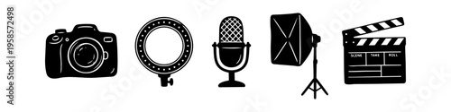 Camera, Ring Light and Microphone Monochrome Icon Set. High quality stock illustration with clear subject focus, cohesive composition, and versatile commercial applicability across branding.