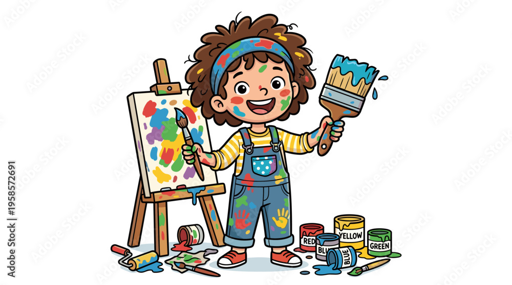 Fototapeta premium Cute cartoon child with paint splatters on clothes and face