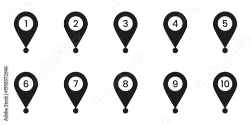 Black Numbered Location Pin Solid Icon Set. Sequential Map Marker Silhouette Symbol Collection. Navigation, Geolocation, And Wayfinding Design Elements. Isolated Vector Illustration