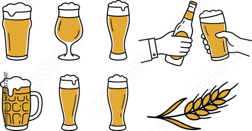 A set of beer glasses and wheat icons in a cartoon style isolated on white background
