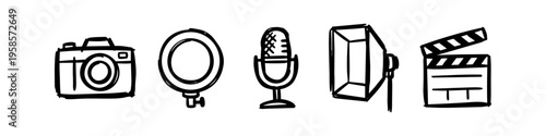 Distinct camera and ring light set in outline style. Camera, Ring Light and Microphone Monochrome Icon Set. High quality stock illustration with clear subject focus, cohesive composition.