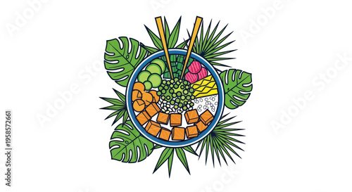 Healthy Poke Bowl with Fresh Ingredients and Tropical Leaves