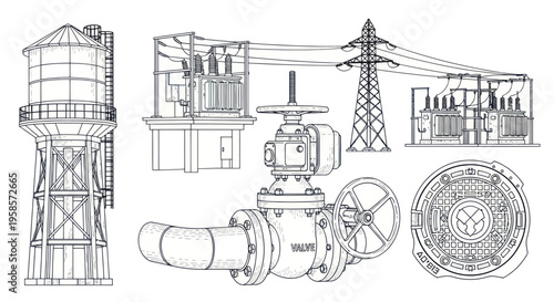 Industrial Infrastructure Set: Water Tower, Electrical Substation, Valve, Manhole Cover