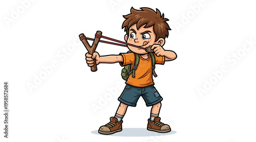 Cartoon boy with slingshot aims for target, playful expression