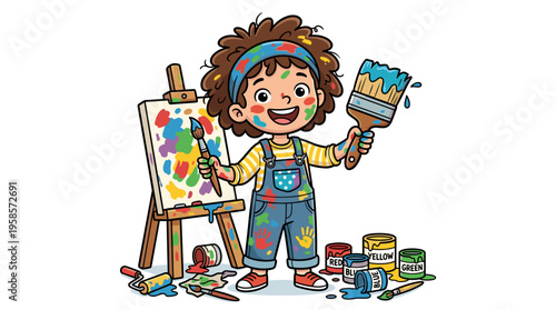 Cute cartoon child with paint splatters on clothes and face