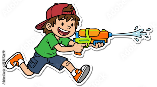 Cartoon boy running with water gun shooting water splashes
