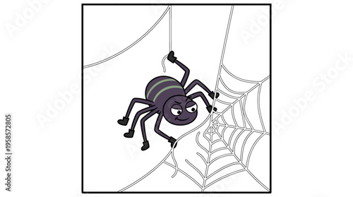 Cartoon spider hanging on a web with a sly expression
