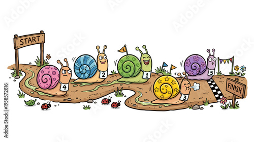 Five cartoon snails racing on a dirt track to the finish line
